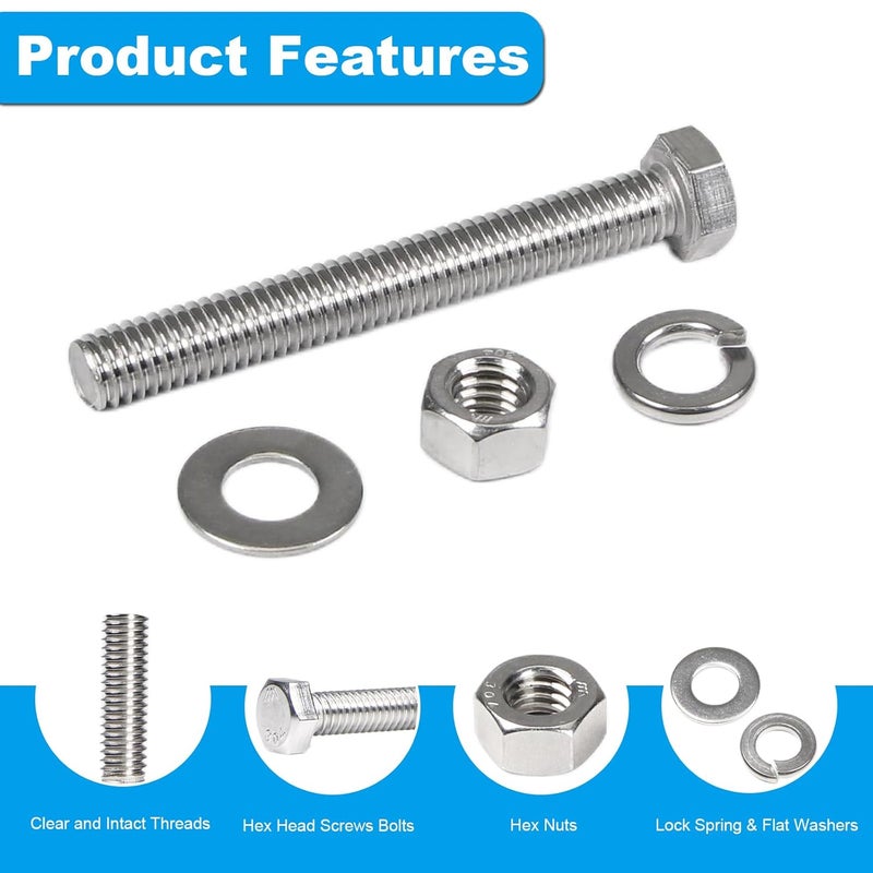 MroMax 5 Sets 3/8-16 x 5 Hex Head Screw Bolt, Nuts, Flat Washer & Spring Lock Washers Kits,Fully Threaded, Stainless Steel 18-8（304）, Bright Finish - Image 3